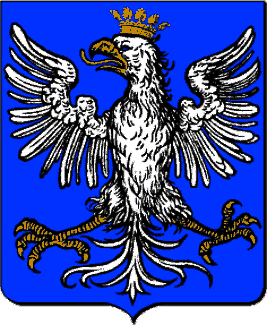 D'azur,  l'aigle d'argent, becque, langue et couronne d'or